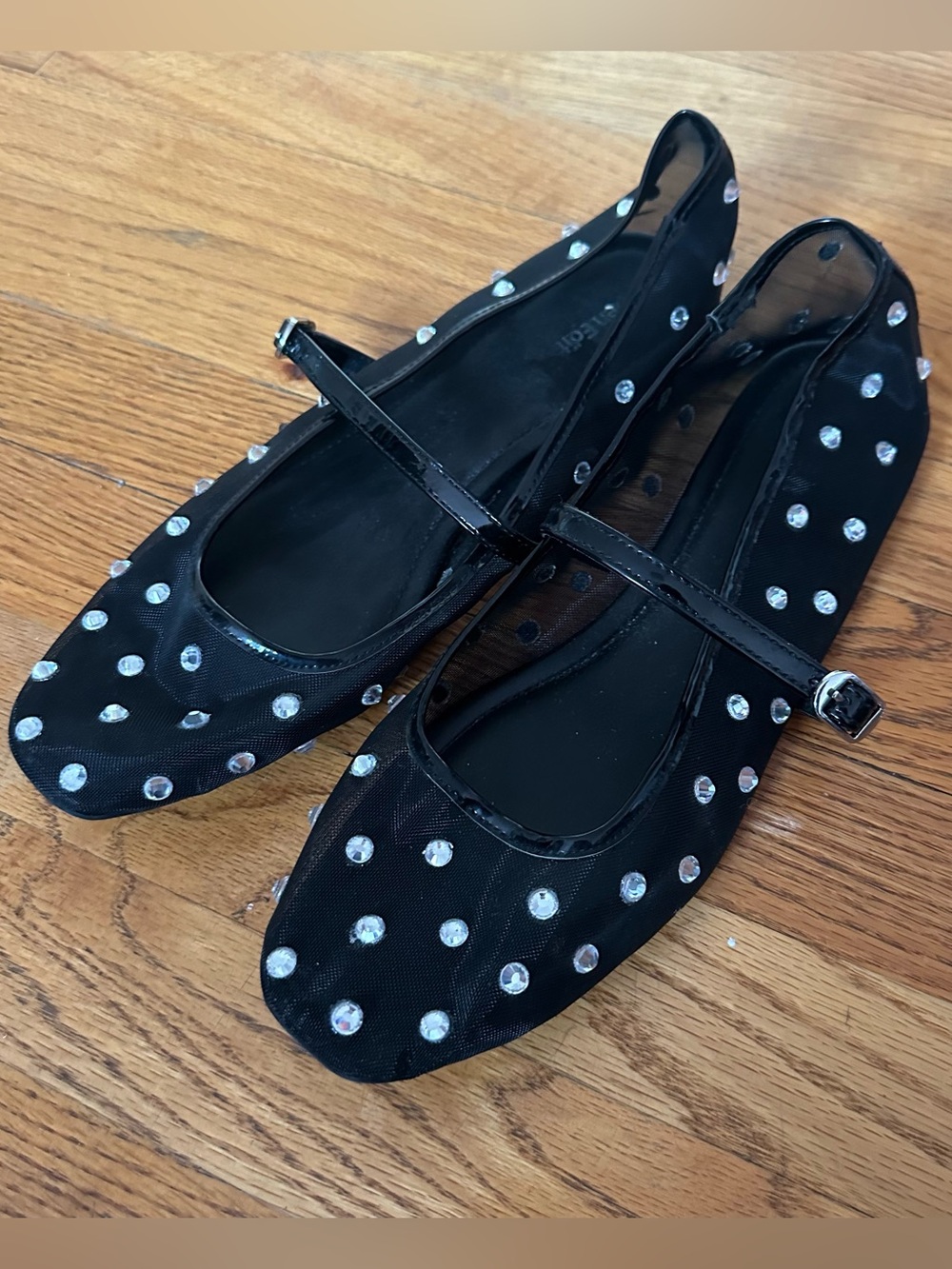 Black Mesh Mary Jane Flats with Rhinestones